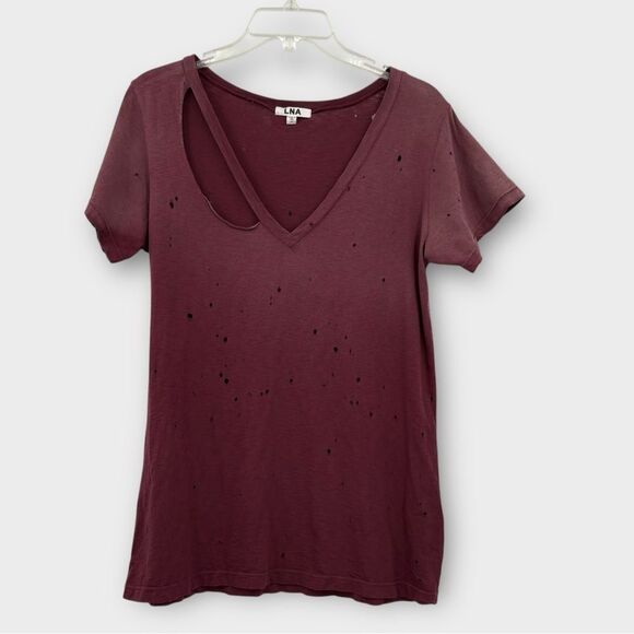 LnA Distressed Fallon V Neck Tee in Burgundy Women’s Size M - Picture 2 of 6